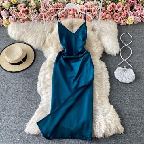 Ordifree 2021 Summer Women Satin Slip Dress Spaghetti Strap Sleeveless Vintage Sexy Silk Slit Party Dress