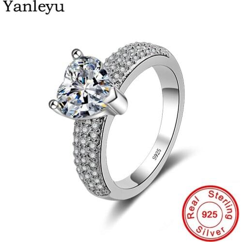 Yanleyu Original Solid 925 Sterling Silver Wedding Band Rings for Women Heart Cubic Zirconia Solitaire Ring Jewelry Gift PR025
