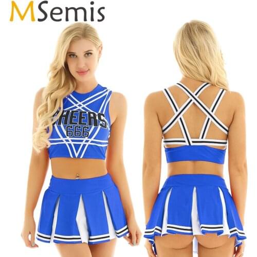 Women Charming Cheerleader Costume Jazz dance costumes Cheerleader Sleeveless Pentagram Back Crop Top with Mini Pleated Skirt