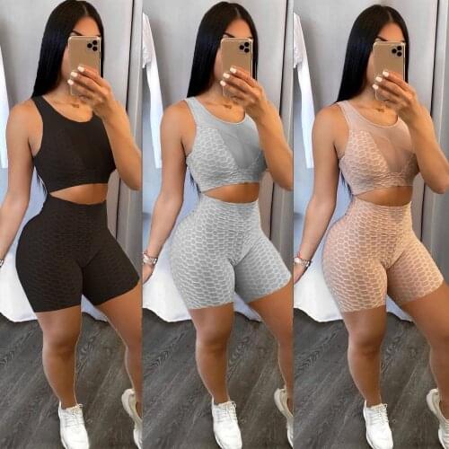 Echoine Solid waffle Sheer Mesh Patchhwork Sleeveless Tank Top Shorts Set Casual Sporty Active Jogger Suit Fitness Two Piece Set