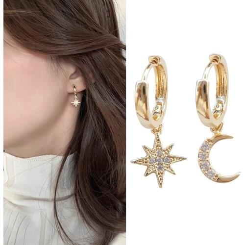 Trendy Star Moon Crystal Rhinestone Drop Earrings For Women Gold Color Star-Moon Asymmetric Dangle Earrings Korean Jewelry 2021