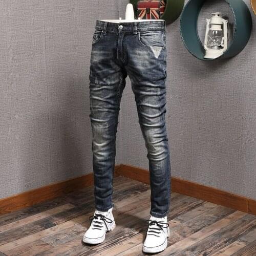 Newly Designer 2021 Men Jeans Vintage Retro Blue Elastic Ripped Cotton Denim Trousers Streetwear Patchwork Hip Hop Slim Pants