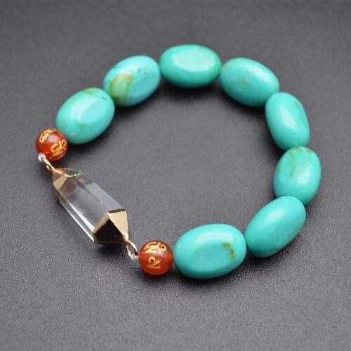 Natural Crystal Healing Cylinder Charm Blue Turquoise and Red Agate Beads Bracelets Fashion Jewelry