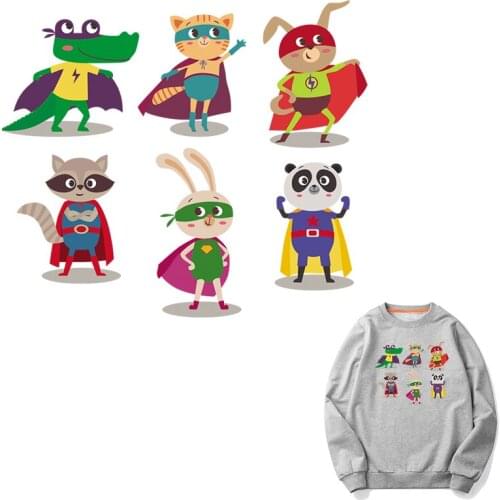 New Superhero Animal Patches Washable Heat Transfer Stickers Tiger Patches Crocodile Rabbit Patches For Kids Clothes