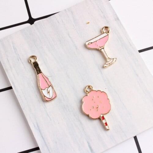 Wholesale 10PCs/Lot Pink Color Bottle Wine Cup Marshmallow Enamel Charms Alloy Charms for Jewelry Making Pendant