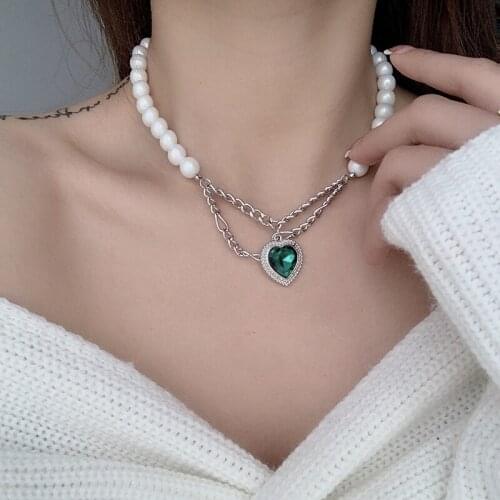 Origin Summer Fairy Pearl Green Color Love Heart Pendant Necklace for Women Statement Rhinestone Necklace Jewelry Accessories