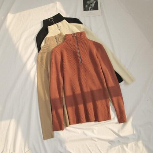 Autumn And Winter Ladies Sweaters Half High Neck Zipper Slim High Street Long-Sleeve Bottoming Shirt Sweater Top 121409WYA