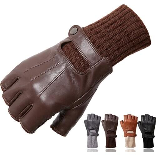 Genuine Sheepskin Leather Glove Mens Half-finger Tactical Gloves Knitting Wrist Drive Ridding Mittens S2209