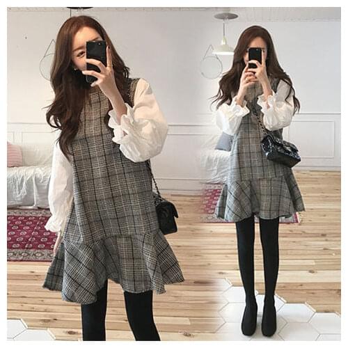 Woman Dresses Spring and Autumn Long-Sleeved Dress Woolen Skirt Ruffled Tartan Skirt Vestido De Mujer Femme Robe