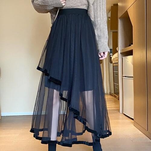Casual Party Midi Skirt Summer Irregular Tulle Skirts Womens Fashion Elastic High Waist Woman Elegant Skirt Black Mujer Faldas