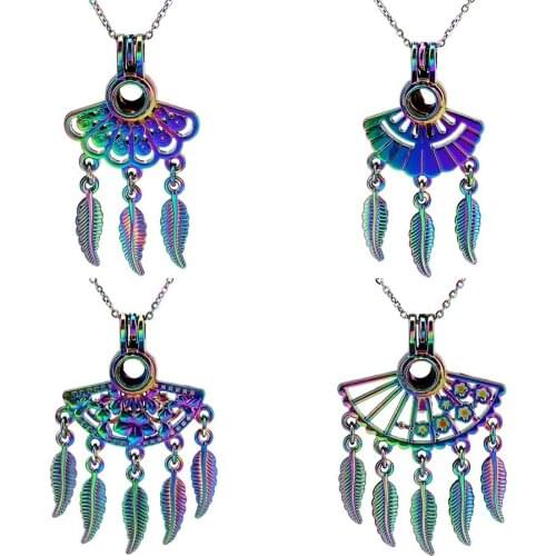 Rainbow Filigree Fan and Feather Cage Locket Pendant Bead Finding Perfume Locket Pearl Locket Jewelry Accessories