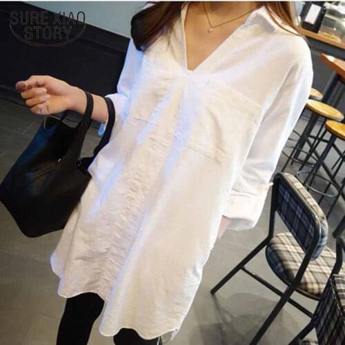 Plus Size 5XL White Tops 2021 Autumn Long Shirts V-neck Women Blouse Korean Pullover Loose Fashion Clothing Women Tops 10936