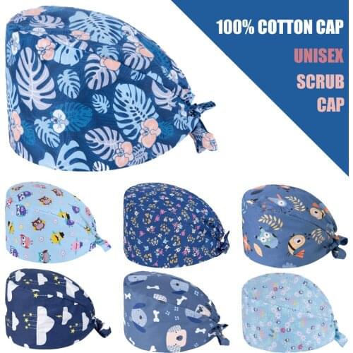 New Scrubs Caps Button Cotton Adjustable Pet Health Surgery Hat Nurse Uniform Accessories Anime Printing Pet Working Nursing Cap