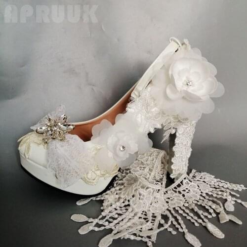 Wedding shoes bride super high 11CM block heels platforms flowers bridal bride party white pumps shoes ankle strap ladies pumps