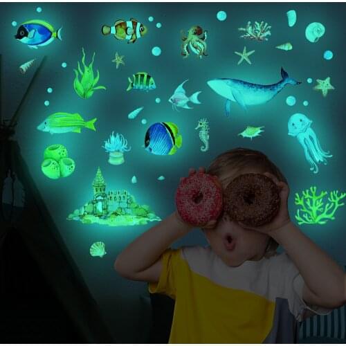 Luminous underwater world decal ocean fish cartoon wall sticker fluorescent wallpaper decorative wall sticker for kids rooms