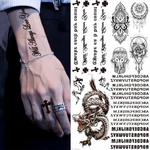 Black Letters Cross Temporary Tattoos For Men Women Pendant Dragon Geometry Fake Tattoo Sticker Forearm Chest Transferable Tatoo