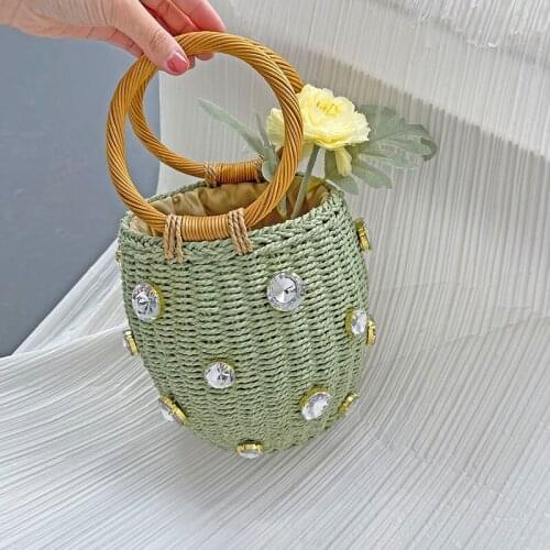 Women Handmade Rhinestone Crystal Embellished Design Straw Bag Casual Bucket Handbag Lady Bohemian Beach Travel Round Tote Purse