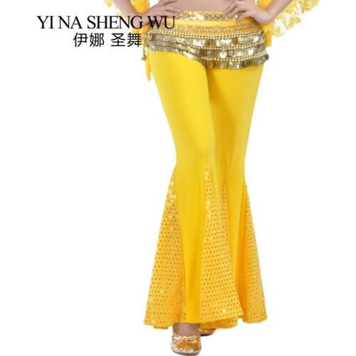 1pc Belly Dance Pants Ladies Lace Sequins Cotton Pants Belly Dance Fishtail Pants Dance Practice Performance Clothing NO Belt