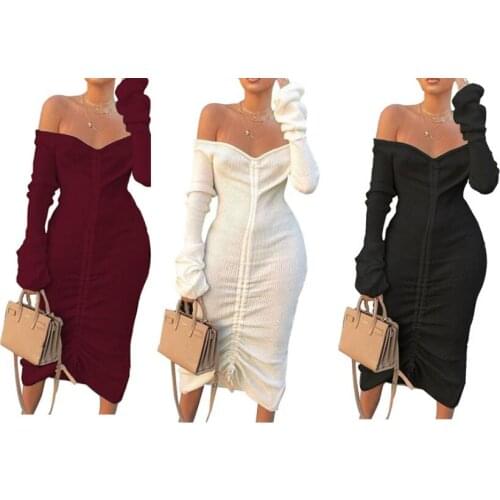 Ladies Solid Color Slim Fit Party Long Pencil Dress 2021 New Women Fashion Sexy Off Shoulder Long Sleeve Front Drawstring Dress