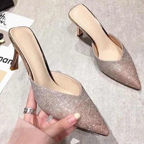 Womens Pointed Toe Slippers Solid Bling Thin Heels Elegant Ladies Shoes Outdoor Fashion Concise Women Sandals 2021 Summer