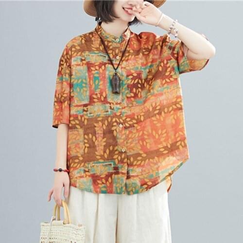 Oversized Women Loose Casual Shirts New Arrival 2021 Summer Vintage Style Stand Collar Floral Print Female Tops Shirt S3015
