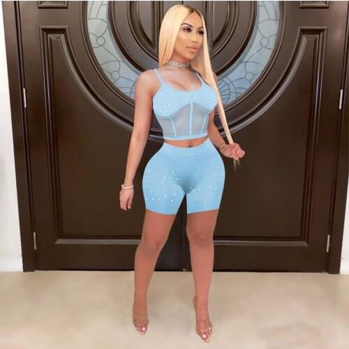 2021 New Arrival Famous Brand 2 pcs Mesh Women Set Solid Spaghetti Strap Short Tops and Shorts Summer Sexy Outfits