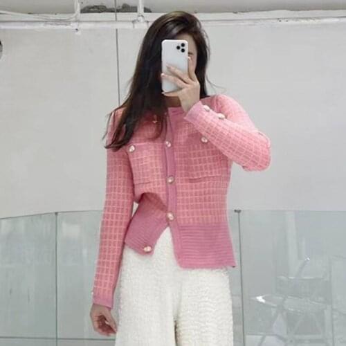 2021 Womens Sweaters Jacket Spring O-Neck Plaid Cardigans Runway Designer KNit Sweater Tops Women Clothing