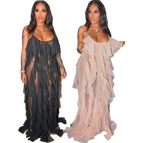 Womens Fashion Sexy Temperament Solid Color Suspenders Polyester Mesh Perspective Ruffled Back Irregular Dress Drop Shipping