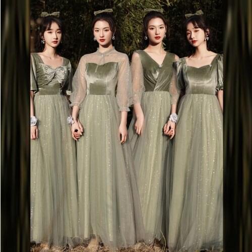 Bridesmaids Dress Illusion Short V-Neck Pleat Crystal Lace Tulle Floor-Length Luxury Green Elegant Women Wedding Party Gown E677