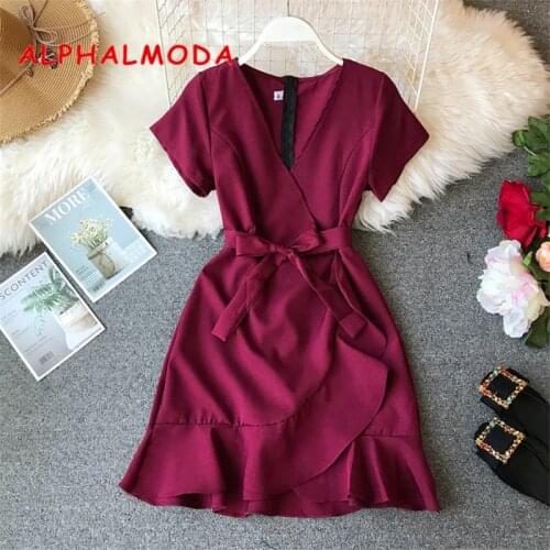 ALPHALMODA 2019 Women Vintage Short Dress Irregular Ruffled Sashes Women V-collar Slimming Sexy Buttock Vestidos