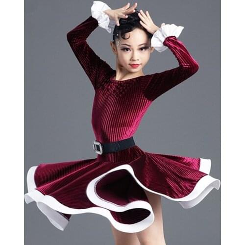 Velvet modern latin dance dress for girls competition children ballroom samba kids long sleeves salsa practice wear dancewear