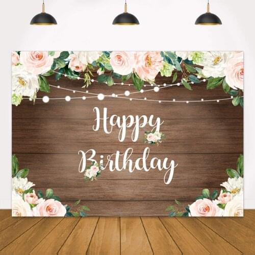 Happy Birthday Party Photography Backdrop Floral Wooden Rustic Brown Floor Flowers Wall Background Baby Newborn Shower Banner
