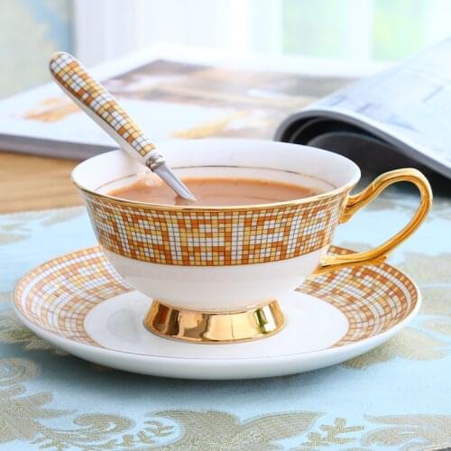 Mosaic pattern bone china coffee cup European afternoon tea cup with gold-plated spoon tea set ceramic flower teacup with saucer