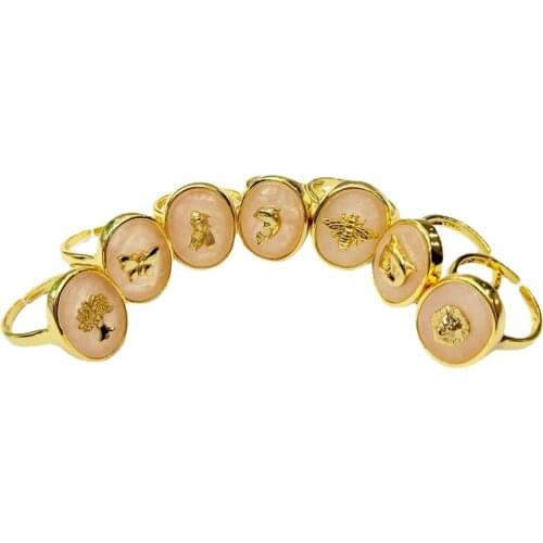 LUX Natural Gems stone gold color plated adjustable rose quartzs rings Mosaic metal animal insects rings for women girls gift