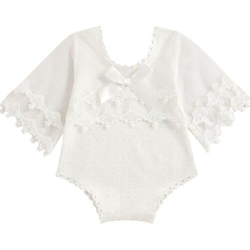 Baby Girls Summer Rompers Lace Sheer Stitching Long Sleeves Jumpsuit with Crotch Buttons for Toddlers 0-24 Months