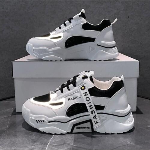 Fashion Spring Reflective Platform Sneakers Women Shoes Korean Lace Up Chunky Sneakers Mixed Color Womens Vulcanize Shoes