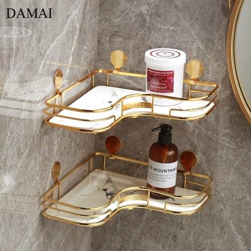 Golden Metal Frame Storage Tray Toothbrush Toothpaste Wall Shelf Punch-free Wall-mounted Triangle Stand Bathroom Organizer