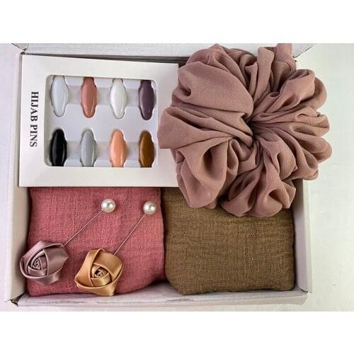 Muslim Crinkle Hijab Scarf Scrunchie Box Hijab Pins Musulman Cotton Headscarf Solid Color Long Hijab Shawls Wraps Foulard