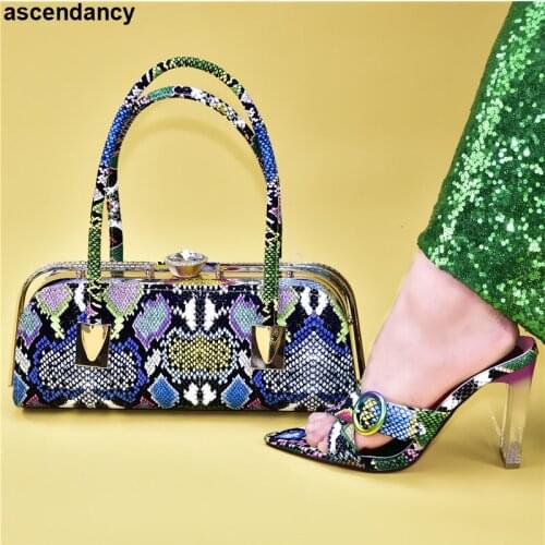 New Party Slip-On Square Heel Ladies Shoes with Matching Bags Set Womens Dress Shoes Square Toe Italian Shoes with Matching Bags