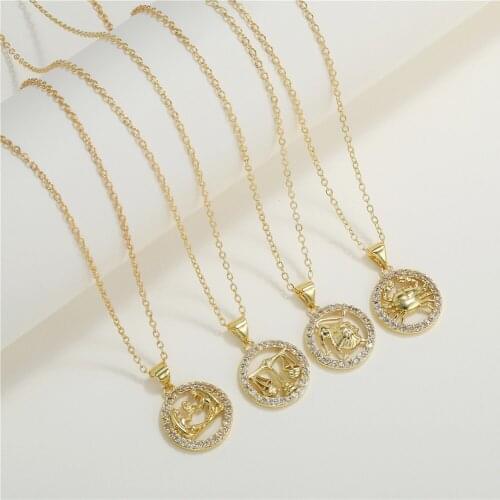 12 Zodiac Sign Constellations Round Pendants Necklaces For Women Men Gold Color Male Copper Cubic Zirconia Necklace Jewelry
