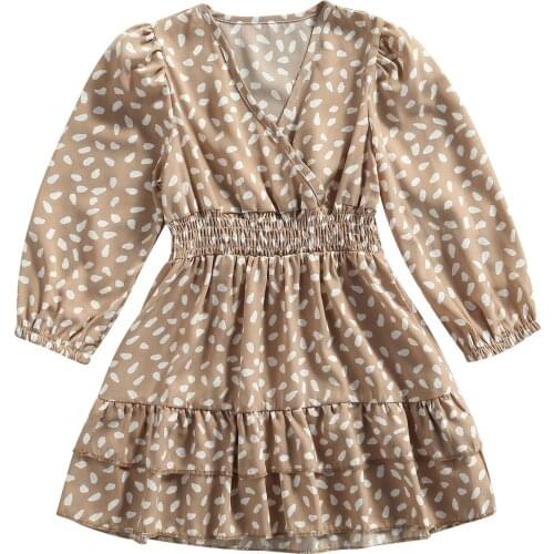 3-7Years Toddler Smocked Dress Baby Girls Casual Spot Print Long Sleeve V-neck Summer Dresses