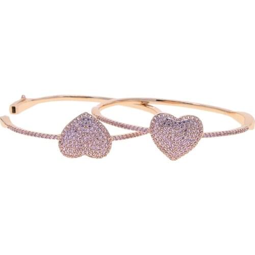 Pink crystal cz stone pave rose gold color women heart charm bracelet bangle for women lady wedding engagement jewelry drop ship