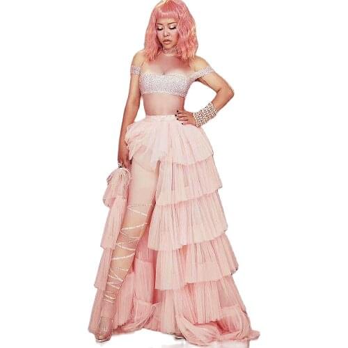 Pink Mesh Ladies Floor-Length Cascading Ruffle Dress Rhinestone Costume Birthday Party Dress Dance Wear Party Evening Costume