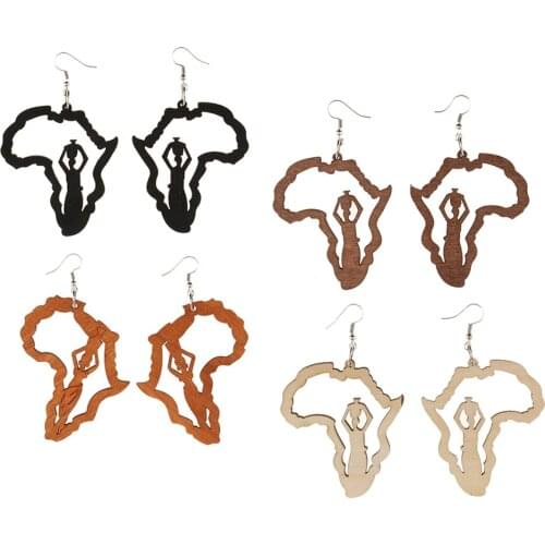 4 Pairs Wooden Africa Map Drop Earrings Ethnic Culture Studs for Women Girls