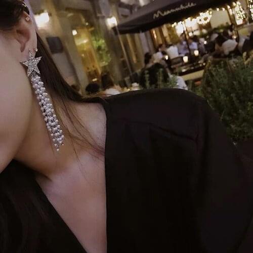 Rongho Hiphop Multi Crystal Stars Earrings for Women Disco Party Jewelry Hyeperbole Pearl Chains Tassel Earring pendant Brincos