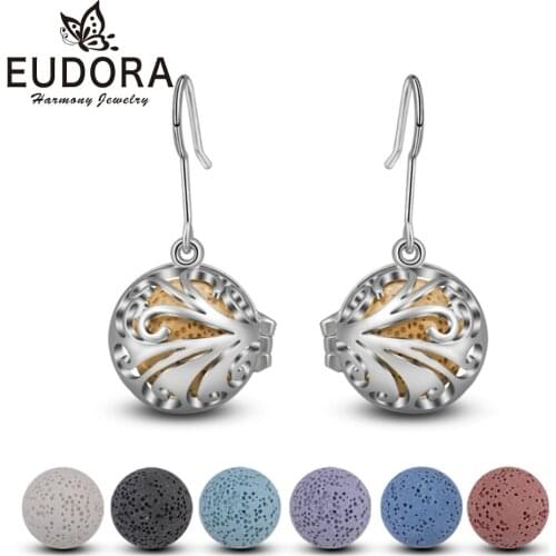 EUDORA 12mm Tree of life Locket Cage Drop Earring Aromatherapy Hook Earring fit Lava Stone Ball Women Angel Caller Jewelry HR008