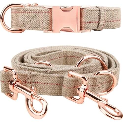 Tweed Wool Fabric for Dog Collar And Leash Set with Rose Gold Adjustable in 3 Different Lengths for Medium to Large Dogs