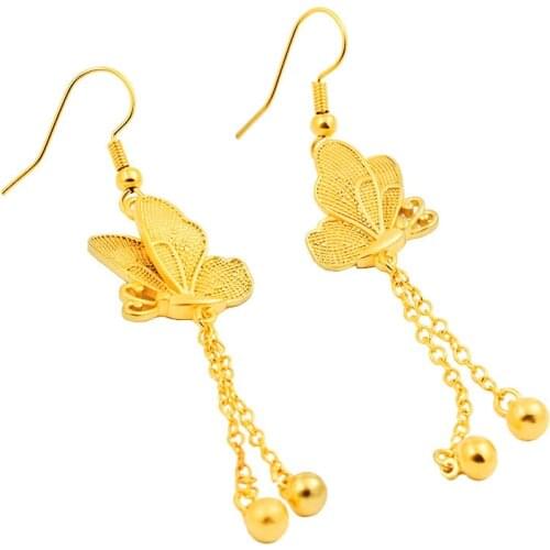 2021 Unusual Earrings 24K Gold Color Butterfly Dangle Earings Vintage Tassel Earring for Women Fashion Wedding Indian Jewelry