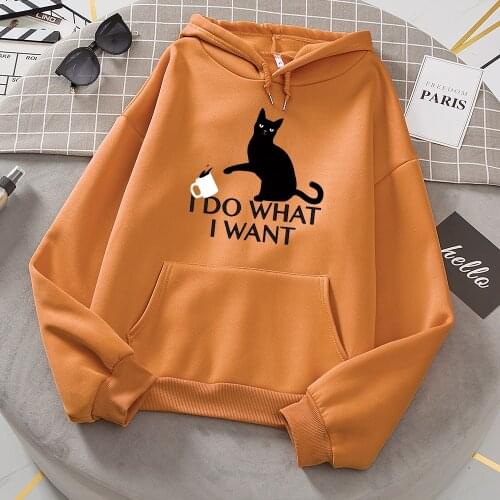 I Do What I Want Black Cat Printing Hoodies Female Fashion Casual Clothing Autumn Fleece Pullover Tops Loose Oversize Sweatshirt