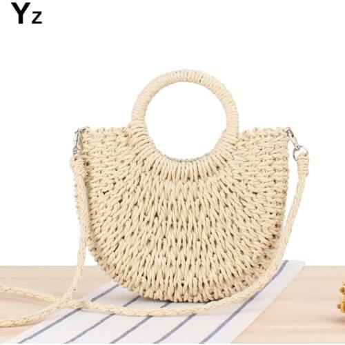 Aaby 2021 Summer Handmade Bags For Women Beach Weaving Ladies Straw Bag Wrapped Beach Bag Moon Shaped Top Handle Handbags Totes